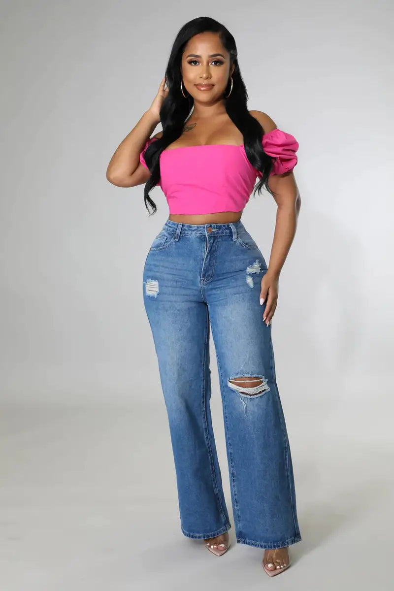 Women's Ripped Straight Boyfriend Denim Wide-Leg Jeans