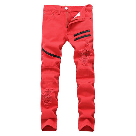 Men's Zippered Casual Jeans with Distressed Detail