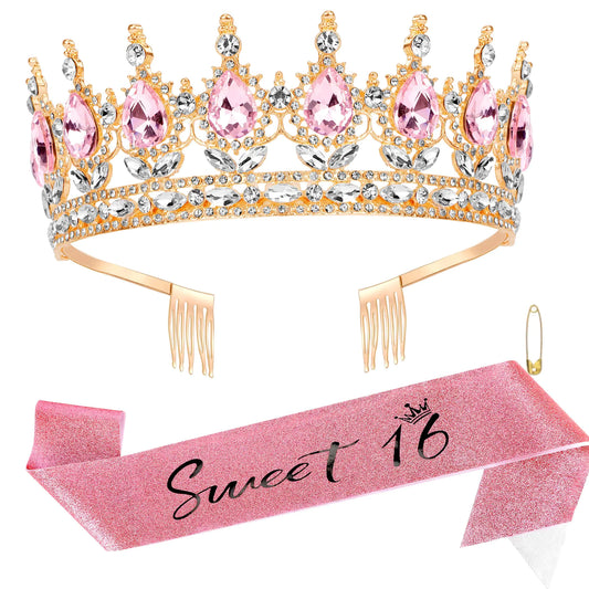 16th Birthday Sash and Crown CUBACO Gold Sweet 16 Tiara for Girls Rhinestone Queen Crown Tiara for Women Crystal Crowns Headband Princess Tiaras Sweet Sixteen Birthday Party Decoration