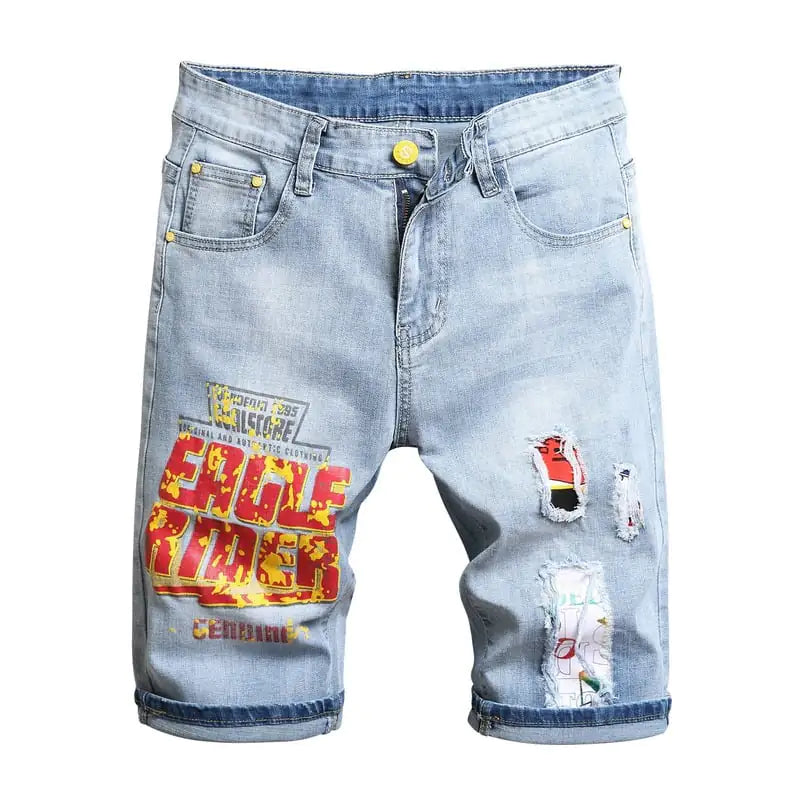 Men's Embroidered Stretch Denim Five-Point Shorts