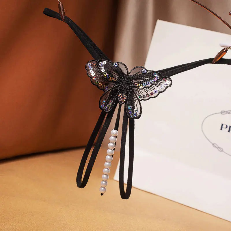 Transparent Pearl-Embellished T-Back Women's Panties