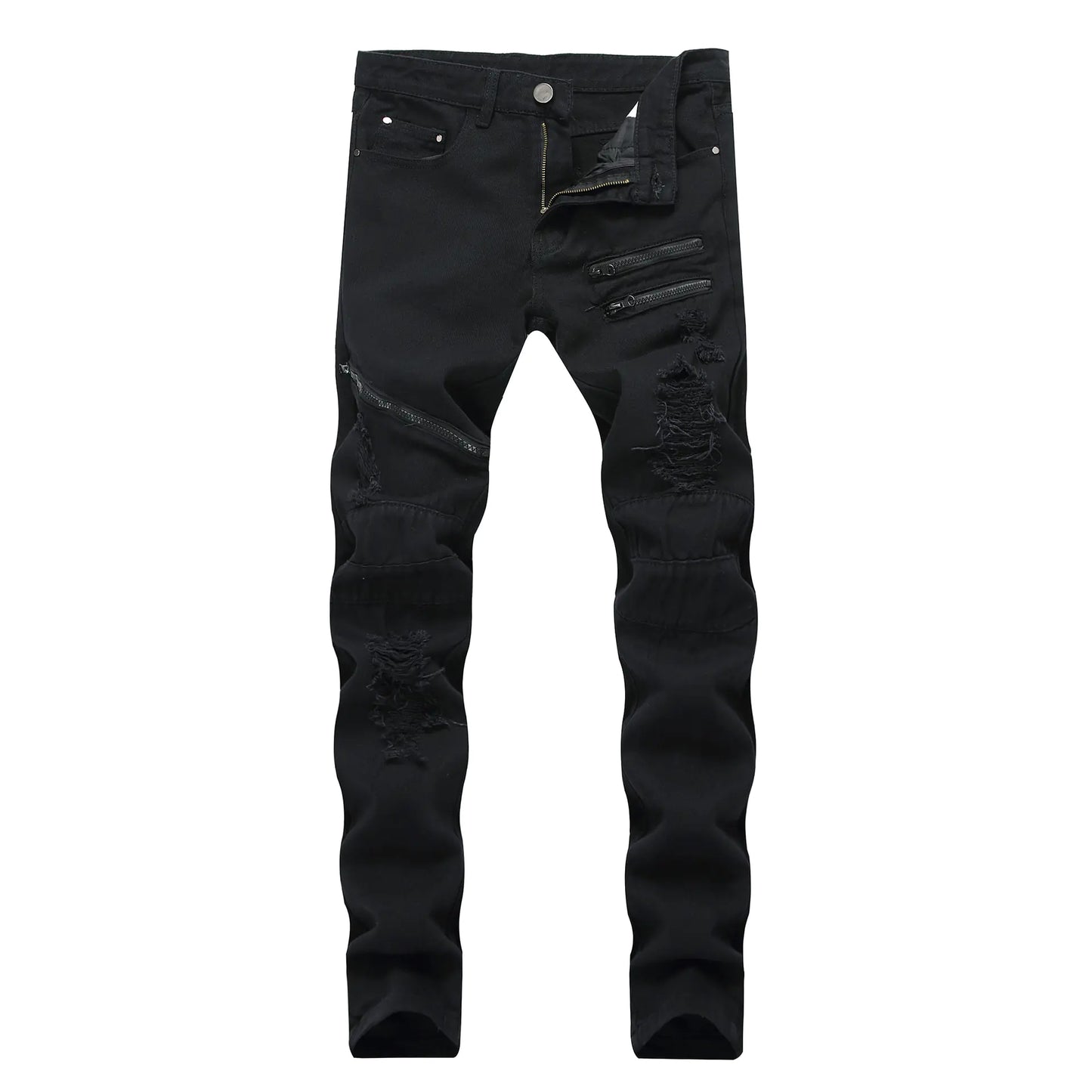 Men's Zippered Casual Jeans with Distressed Detail