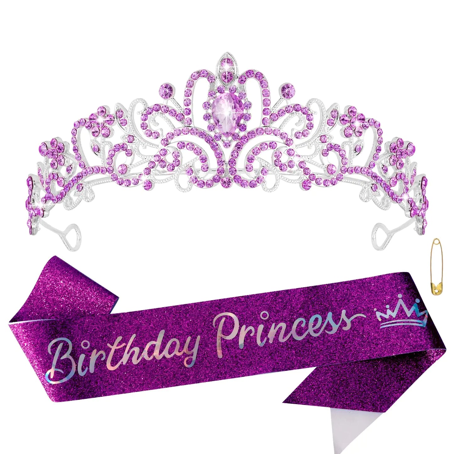 Atoden Birthday Crown and Sash Set Birthday Girls Purple Princess Tiara Queen Crowns Crystal Tiara Women Rhinestone Tiara Birthday Headband Happy Birthday Decorations Party Cosplay Gifts