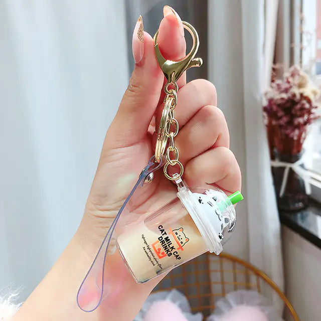 Cute Cartoon Cat Keychain with Liquid Quicksand Charm