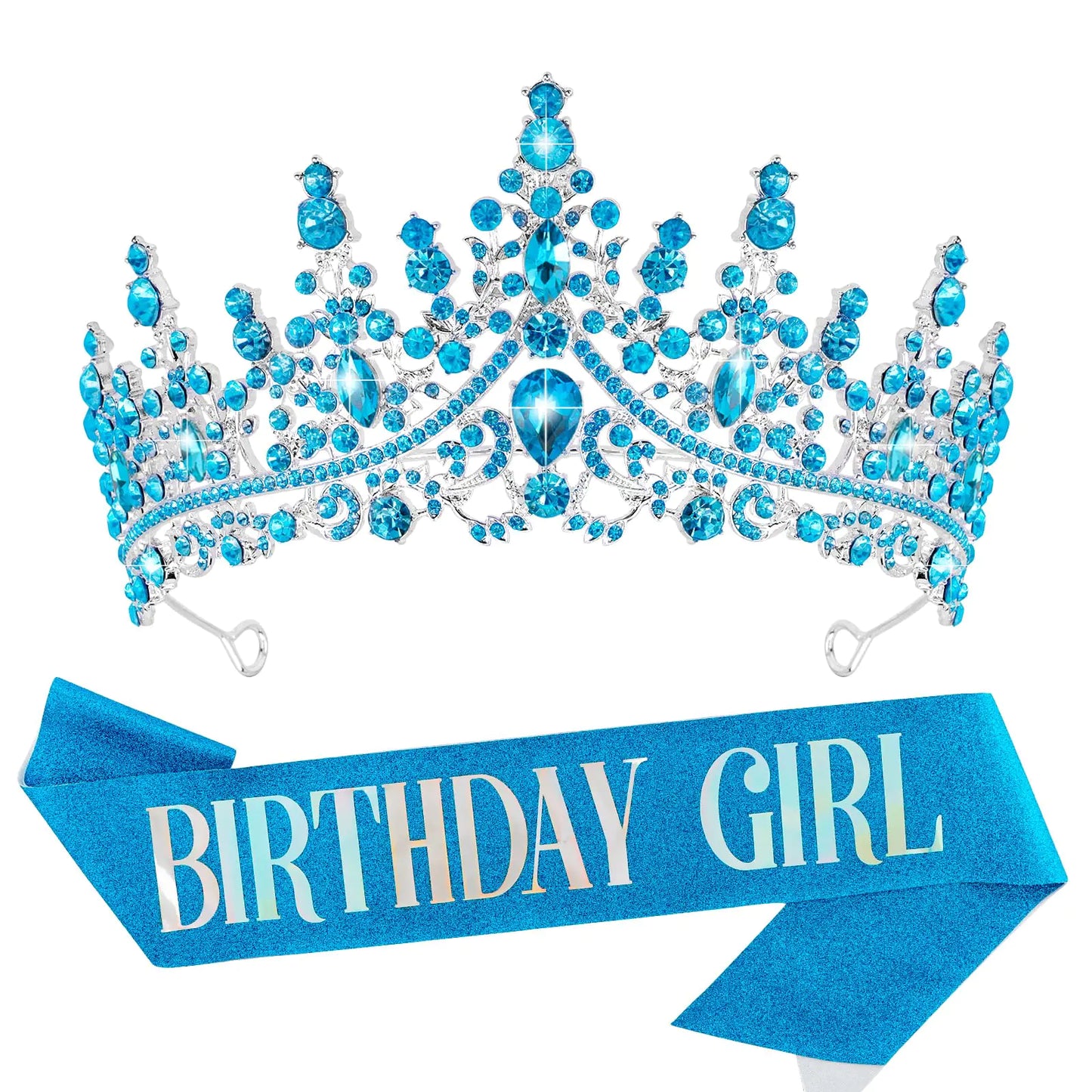 VELSCRUN Birthday Tiara Crowns for Women Girls Blue Crystal Birthday Girl Headband Sash Elegant Princess Crown Happy Birthday Party Decorations Women Sisters Birthday Gift Hair Accessories