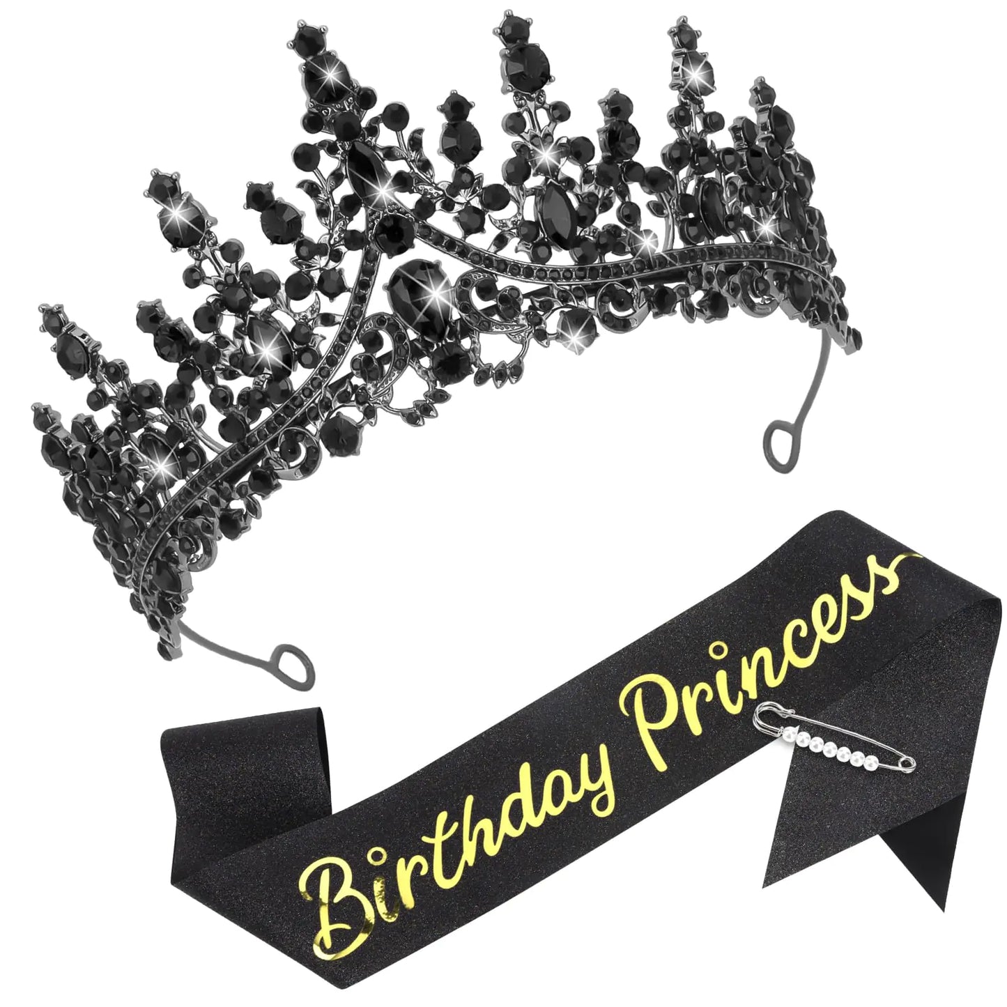 CAVETEE Princess Crown and Birthday Princess SashBlack Birthday Tiara With Glitter Sash for Princess Party Decorations Happy Birthday Accessories Birthday Crown and Tiara for Women Girls