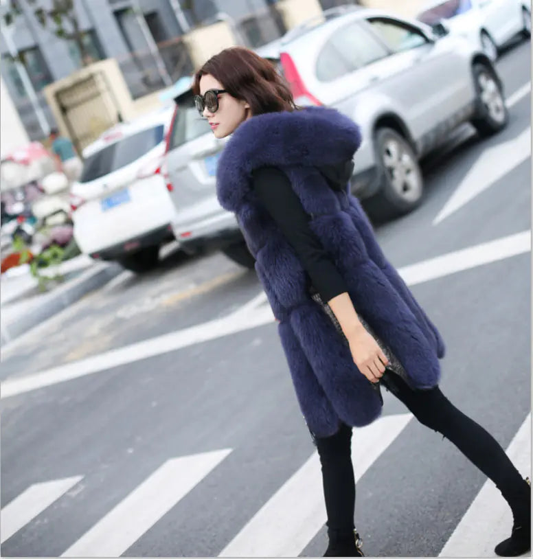 Faux Fox Fur Mid-Length Stitching Coat