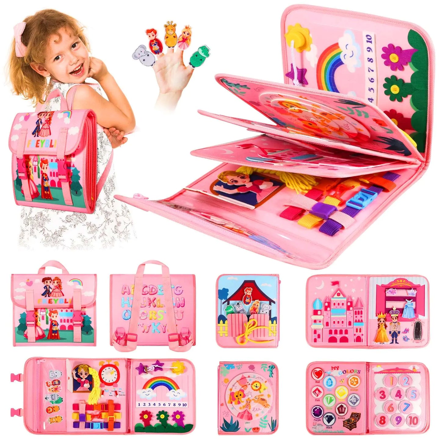 FREYBLI Toddler Busy Board Montessori Toys for 1-3 Year Old Girl Birthday Gift Educational Learning Sensory Busy Book for Two Year Old Girls Airplane Car Travel Activities Toys for Ages 2-4