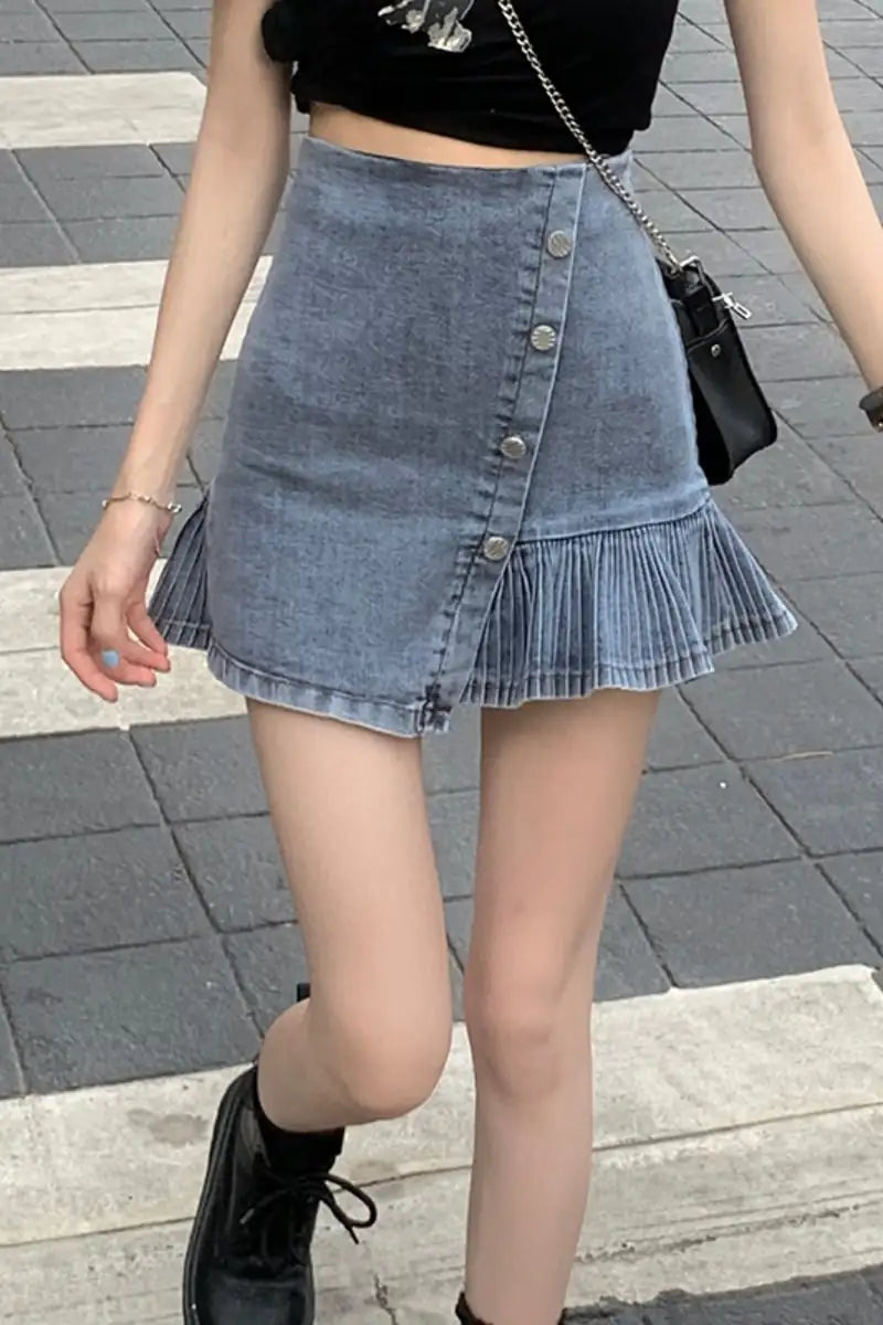 High-Waisted Pleated Denim Skirt