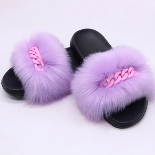 Faux Fox Fur Plush Flip-Flop Sandals for Women
