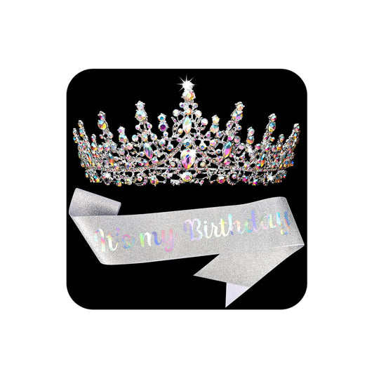 Chanaco Birthday Crowns and Sash for Women Queen Princess Tiaras Silver Crown Happy Birthday Headband for Girls Non Slip Rhinstone Crystal Hair Accessories for Party Multicolor Decorations
