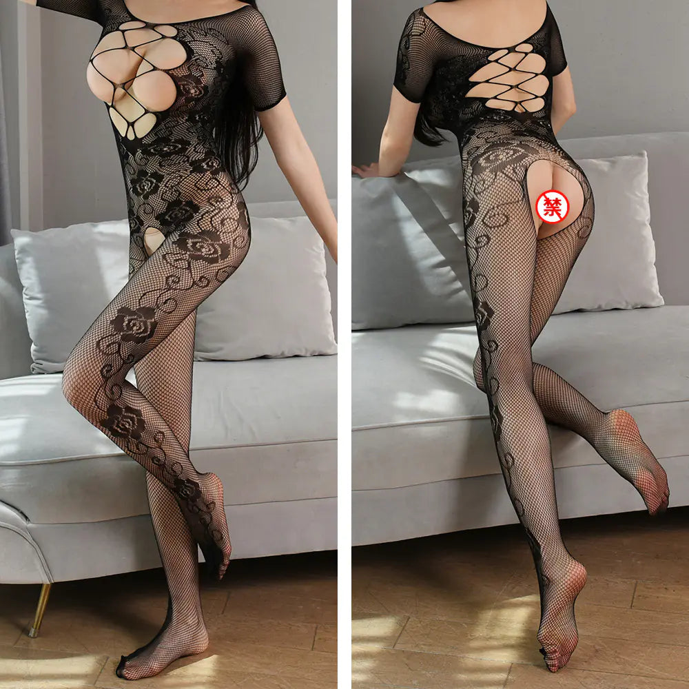 Red Romantic Lingerie Set with Open-Crotch Design