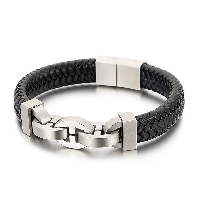 Men's Fashion Titanium Steel Braided Leather Bracelet