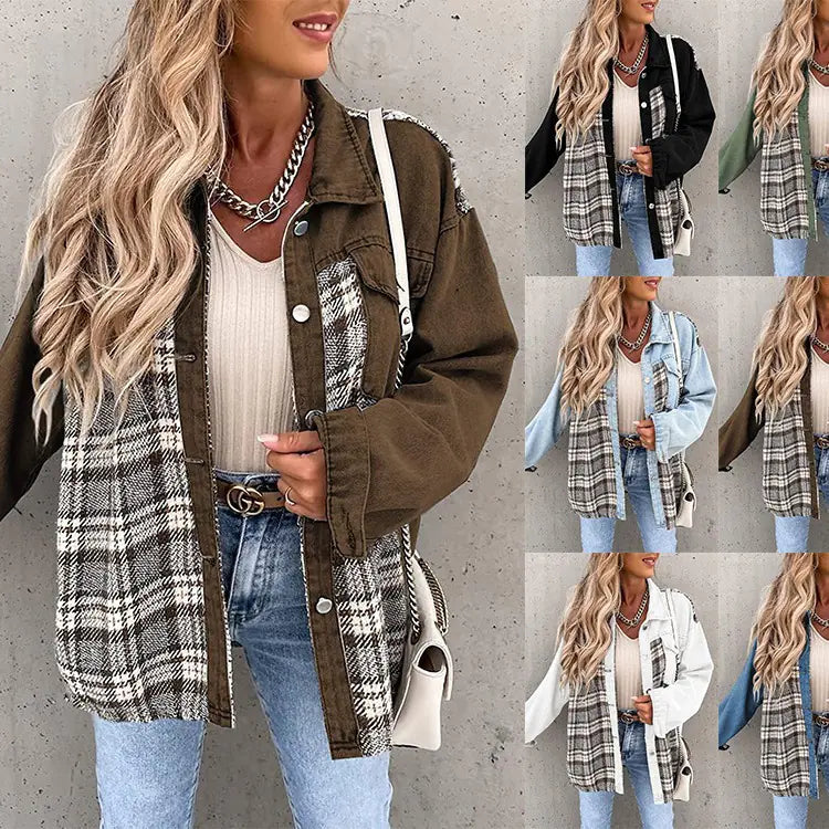 Women's Slim Fit Frayed Denim Plaid Jacket