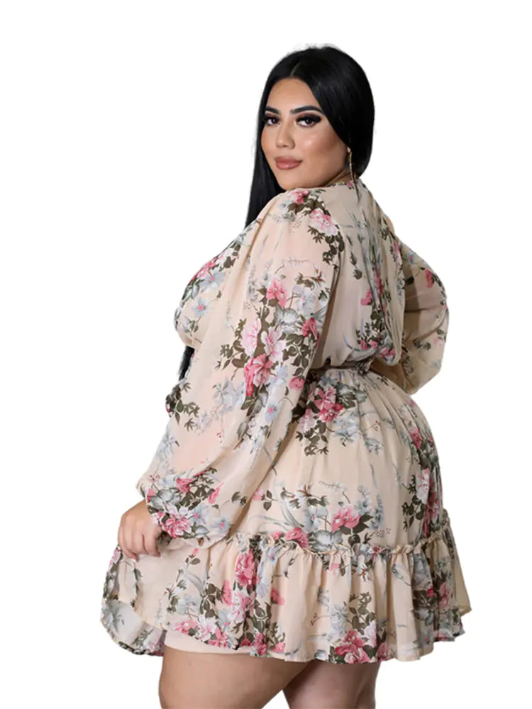 Plus Size Floral Chiffon Dress with V-Neck for Women
