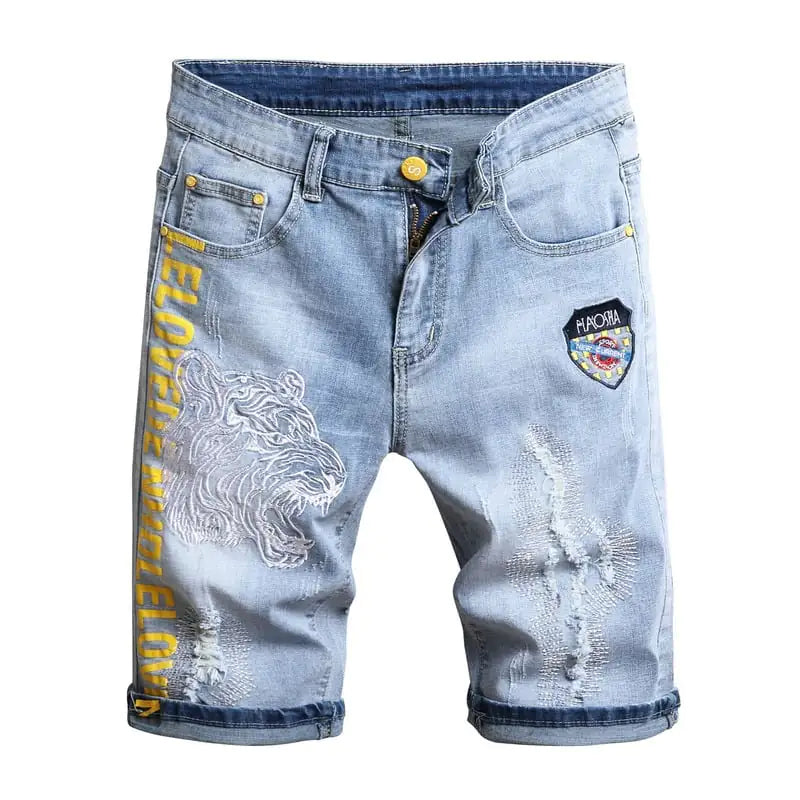 Men's Embroidered Stretch Denim Five-Point Shorts