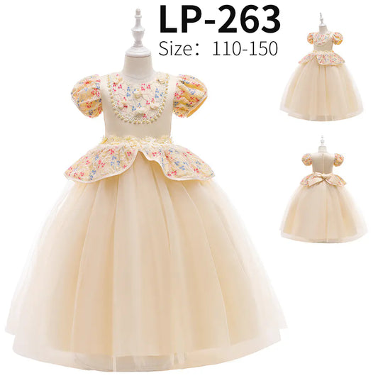 New Frozen Princess Dress with Embroidery and Puff Sleeves