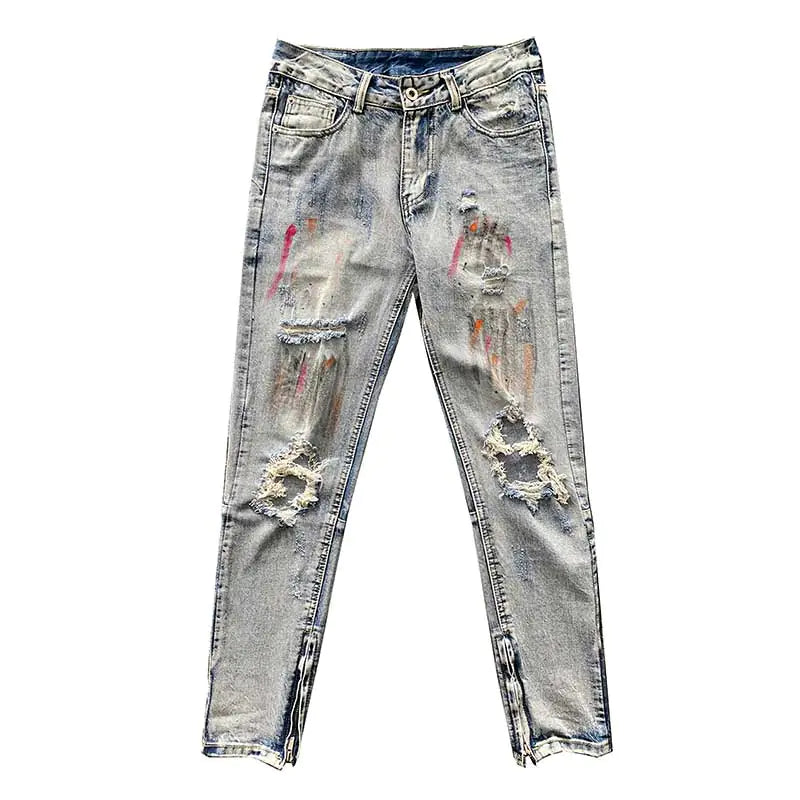 Paint Splatter Distressed Jeans with Zippered Cuffs