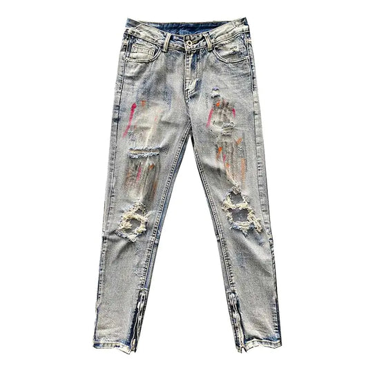 Paint Splatter Distressed Jeans with Zippered Cuffs
