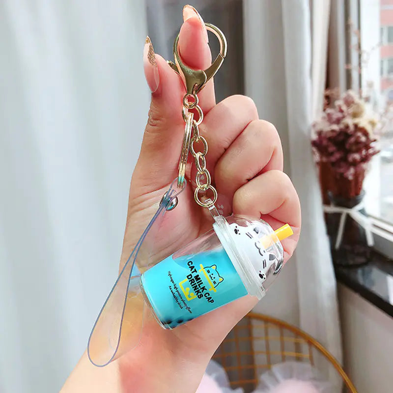 Cute Cartoon Cat Keychain with Liquid Quicksand Charm