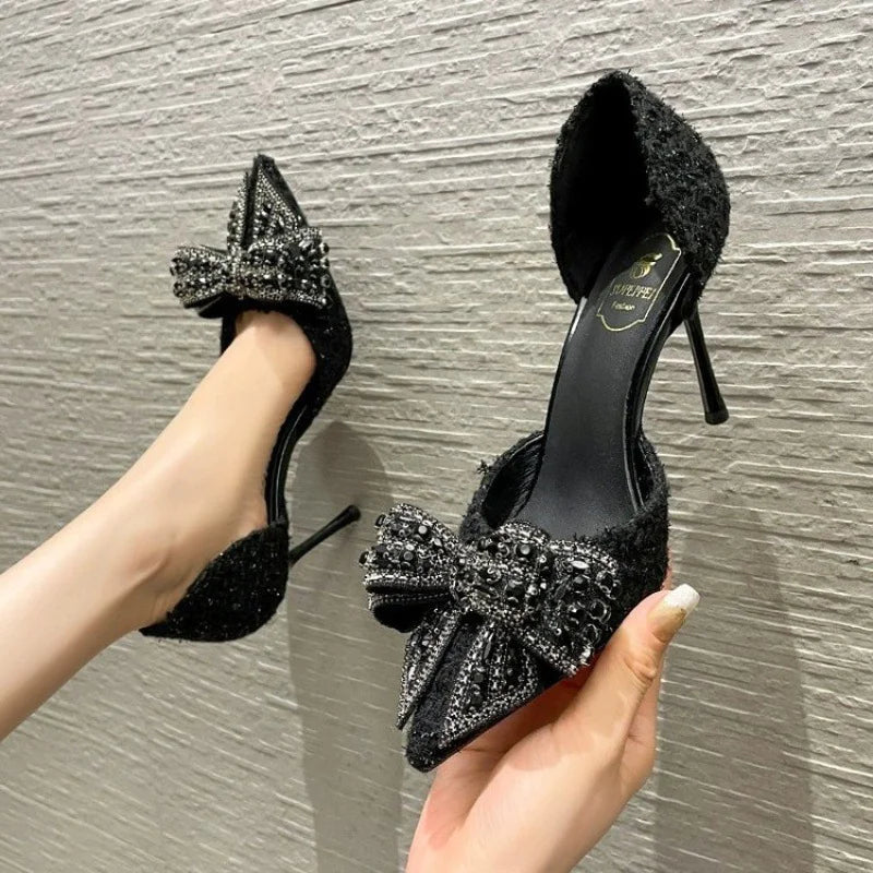 Rhinestone Bow Pointed Toe Stiletto High Heels