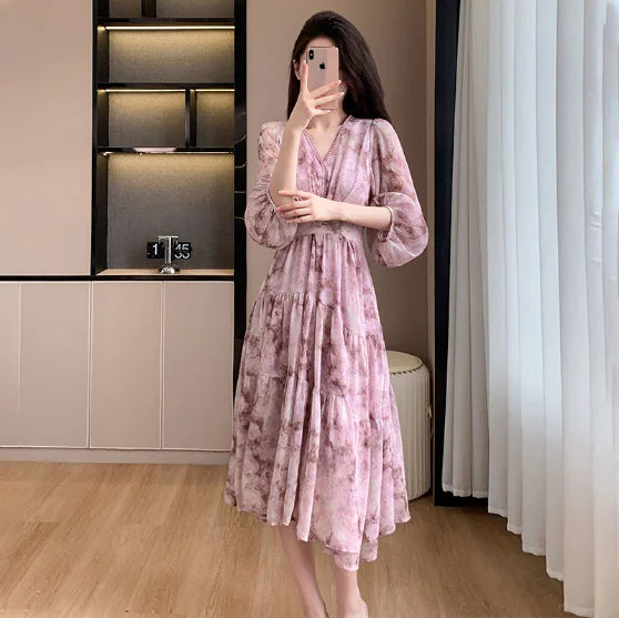 Floral V-neck Slimming Waist Chiffon Short-sleeve Dress