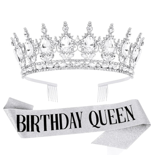 Vovii Birthday Crown & Sash Set for Women Sliver Rhinestone Tiara & Birthday Queen Sash for Women Birthday Decorations Happy Birthday Party Decorations for Birthday Crown Adult Woman