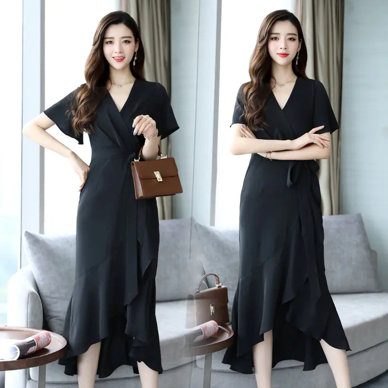 Summer V-Neck Short Sleeve Midi Chiffon Dress for Women