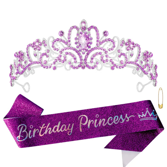Atoden Birthday Crown and Sash Set Birthday Girls Purple Princess Tiara Queen Crowns Crystal Tiara Women Rhinestone Tiara Birthday Headband Happy Birthday Decorations Party Cosplay Gifts