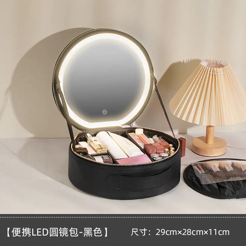 Round Makeup Bag with Mirror and LED Light (Large Capacity)