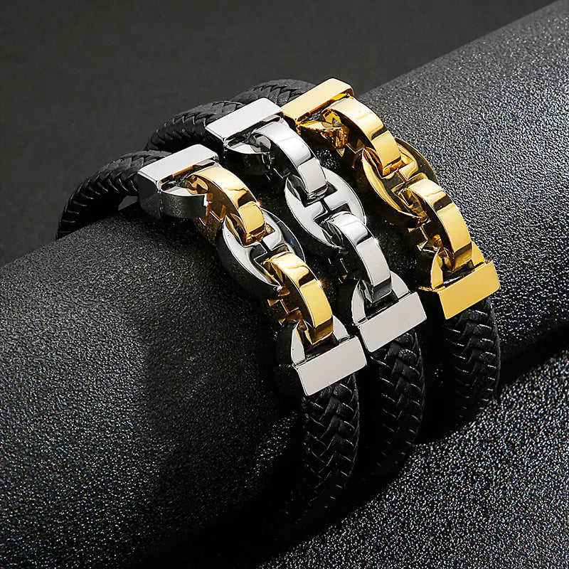 Men's Fashion Titanium Steel Braided Leather Bracelet