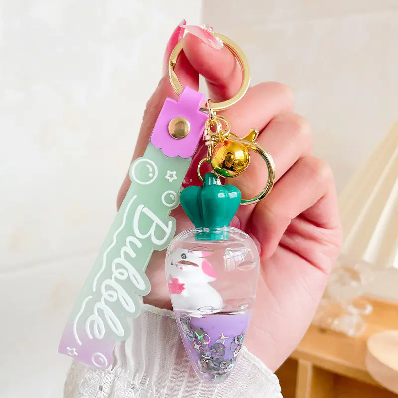 Carrot Rabbit Keychain with Floating Liquid Pendant