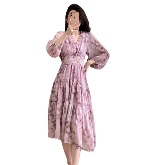 Floral V-neck Slimming Waist Chiffon Short-sleeve Dress