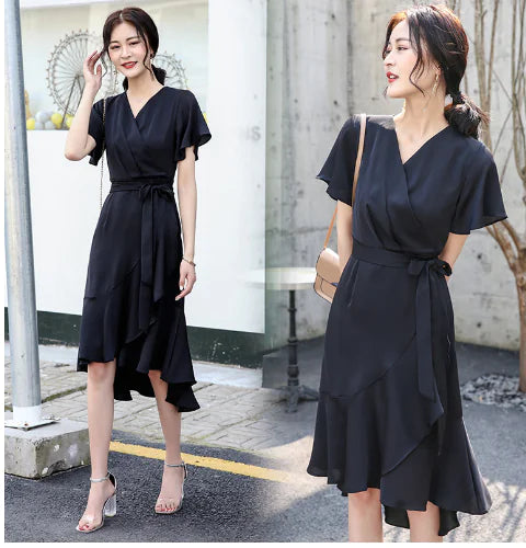 Summer V-Neck Short Sleeve Midi Chiffon Dress for Women