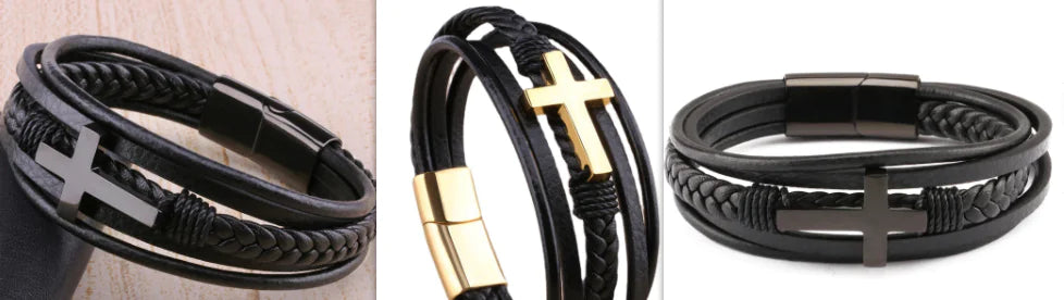 Men's Retro Braided Leather & Steel Bracelet