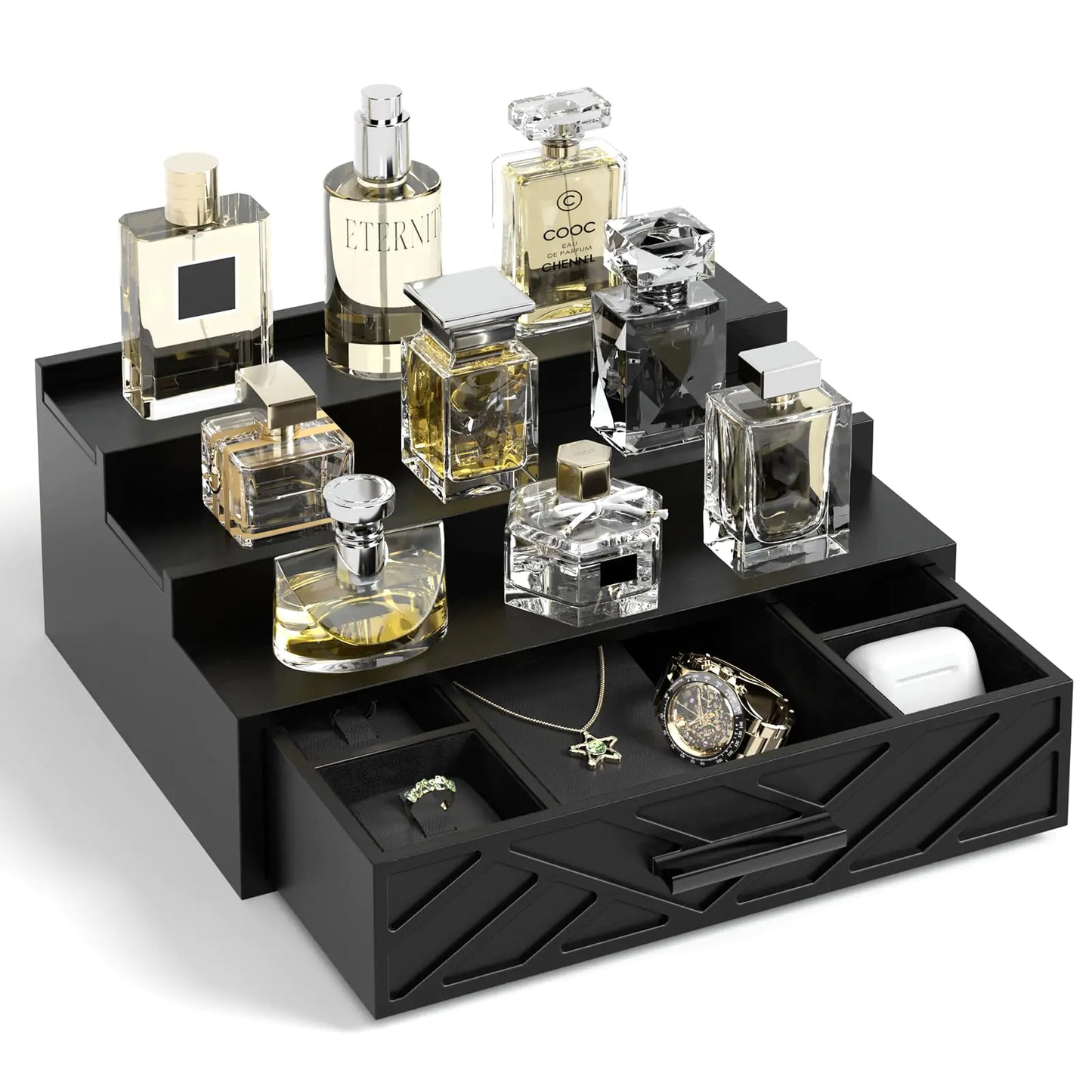 Cologne Organizer for Men 3 Tier Perfume Organizer with Velvet Lining Drawer and Hidden Compartment Wood Cologne Stand Perfume Shelf Perfume Display Holder for Watch Jewelry Great Gifts for Men