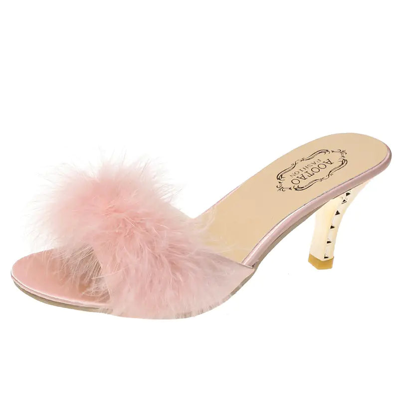 Ladies Plush High-Heeled Slippers and Sandals