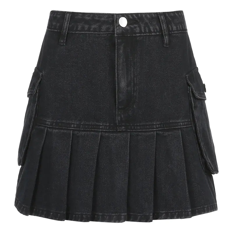 High Waist Denim Pleated Skirt
