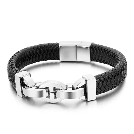 Men's Fashion Titanium Steel Braided Leather Bracelet