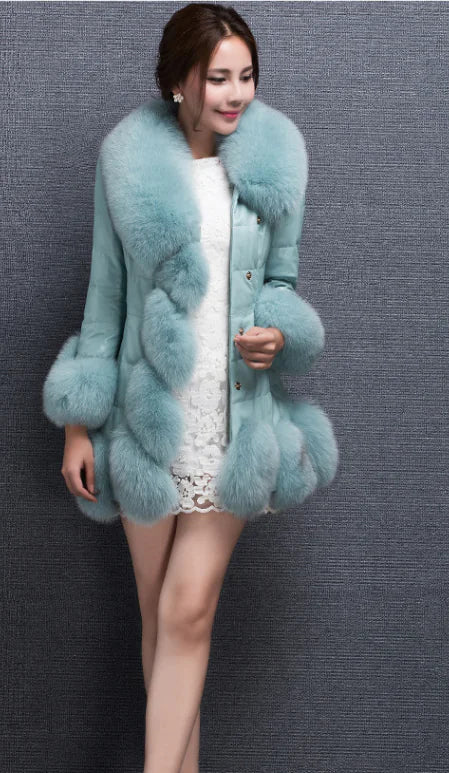 Slim Fit Mid-Length Faux Fur Coat with Fox Fur Collar