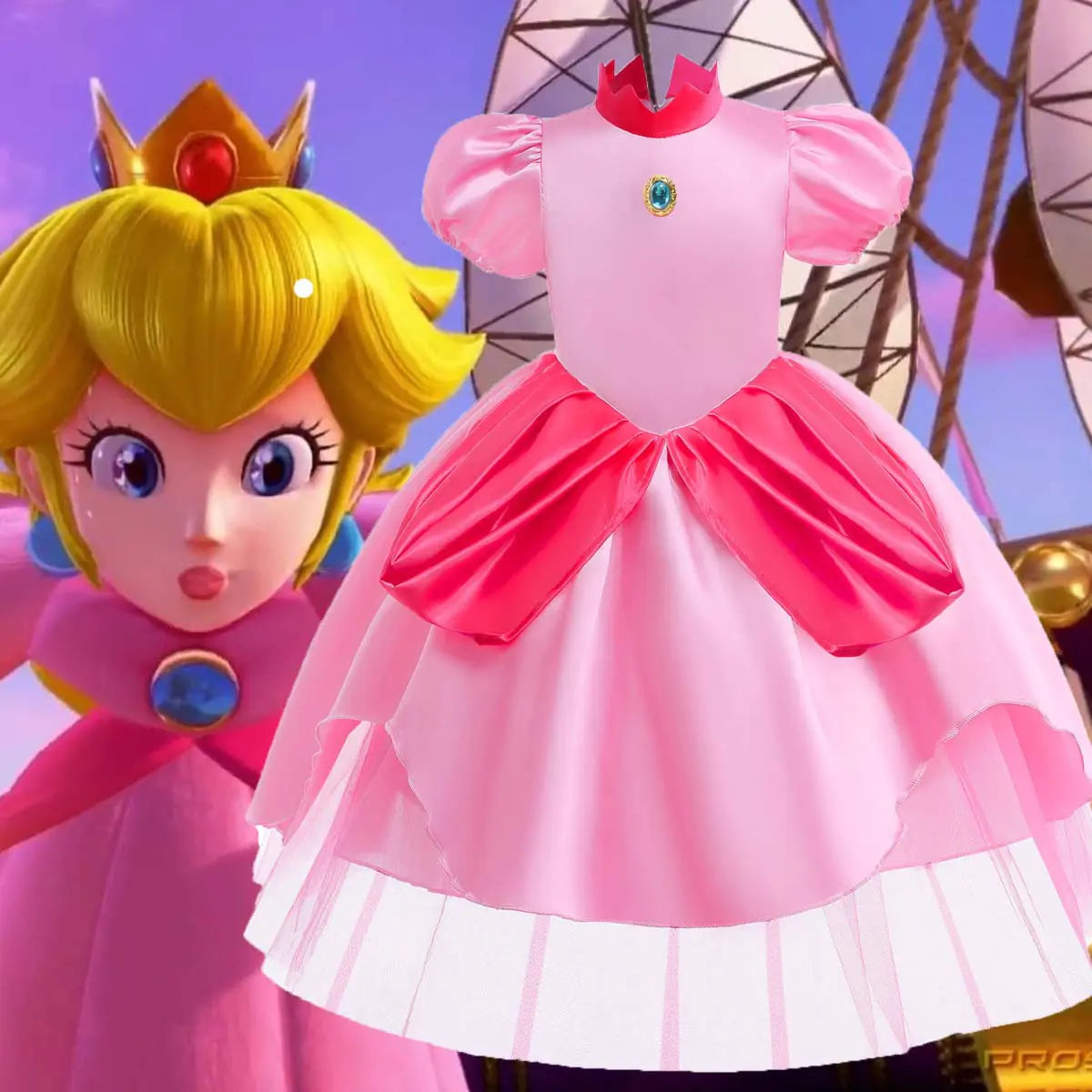 Princess Peach Cosplay Dress with Puff Sleeves