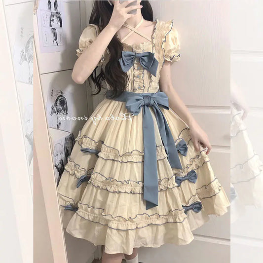 French Lolita Princess Dress with Lace Puff Sleeves