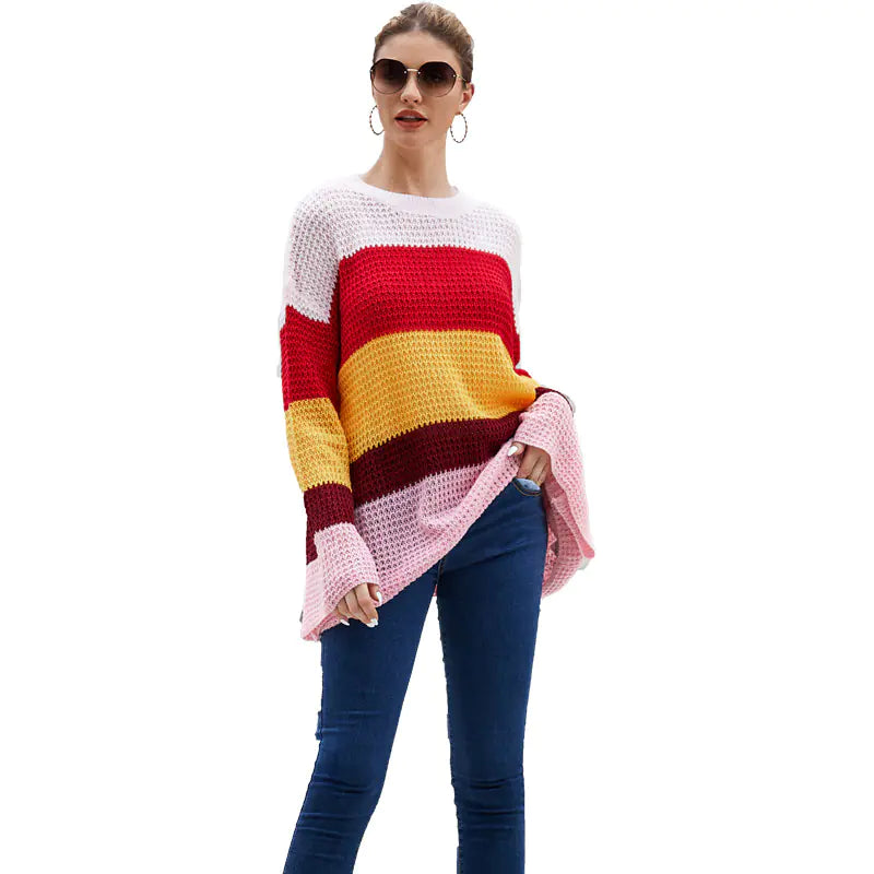 Plus Size Loose Knit Striped Rainbow Sweater