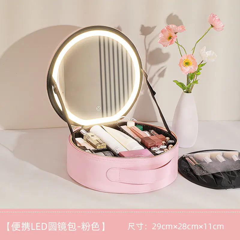 Round Makeup Bag with Mirror and LED Light (Large Capacity)