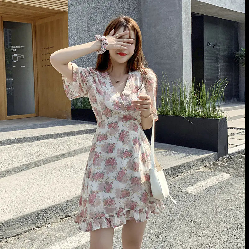 Floral Chiffon Dress for Women - Short Sleeve V-Neck