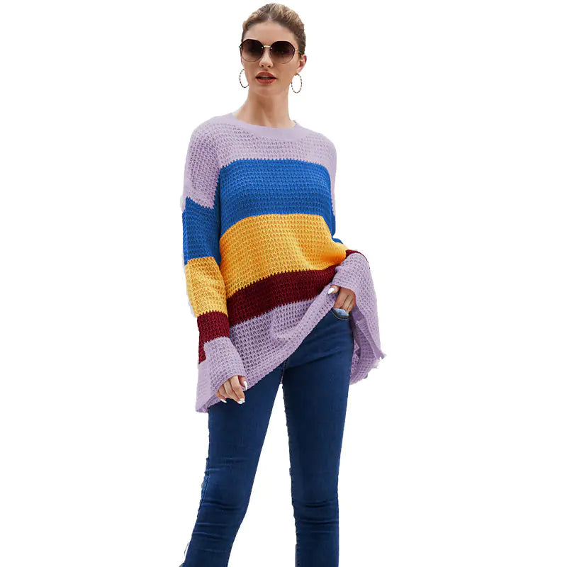 Plus Size Loose Knit Striped Rainbow Sweater