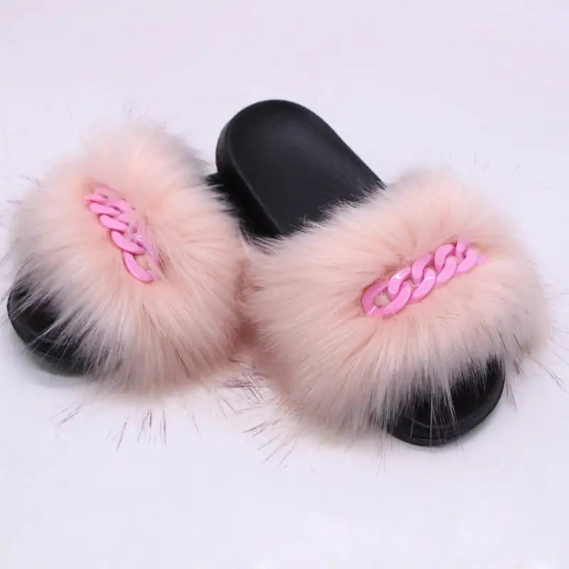 Faux Fox Fur Plush Flip-Flop Sandals for Women