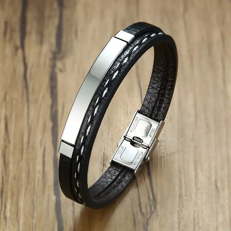 Men's Black PU Leather Braided Bracelet in Stainless Steel