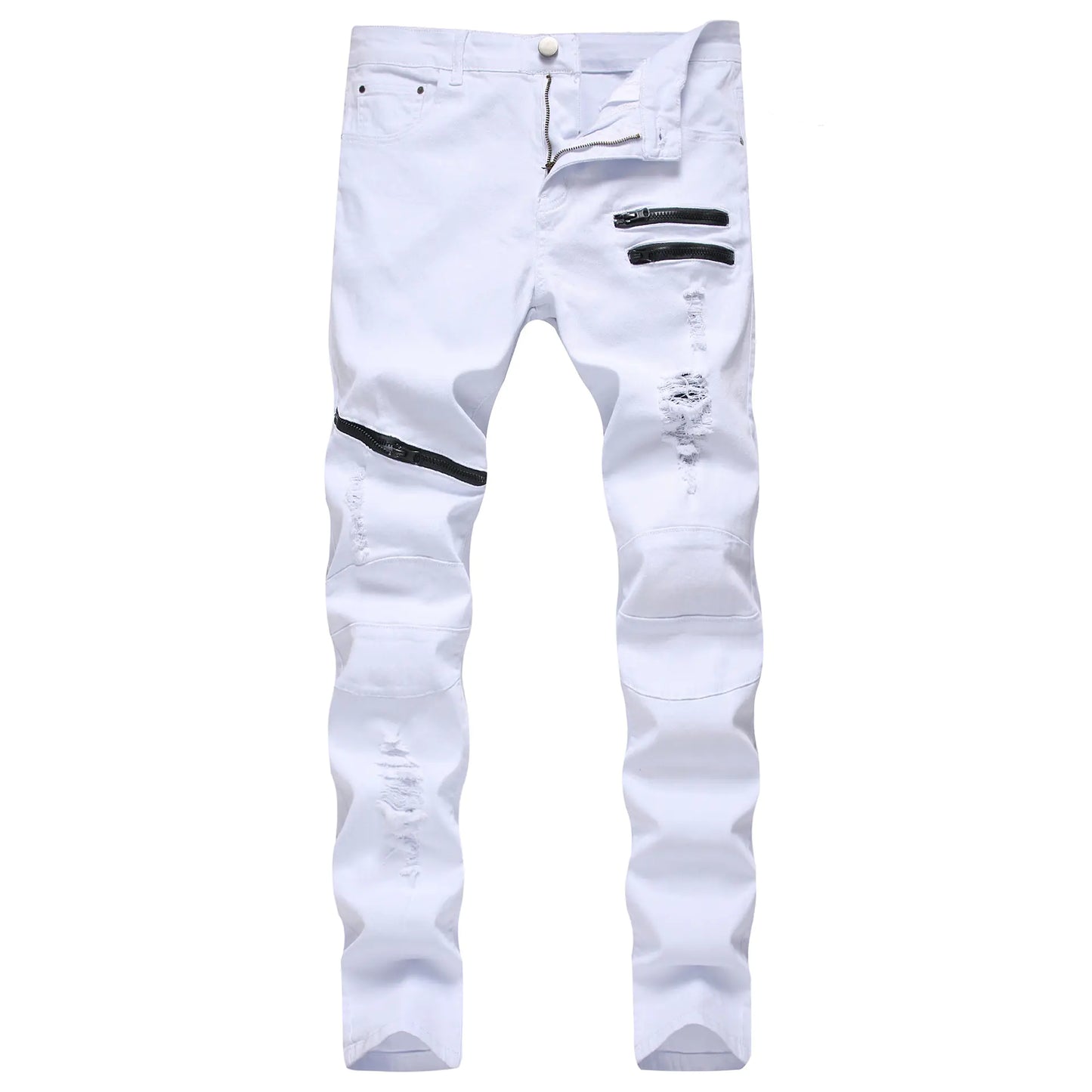 Men's Zippered Casual Jeans with Distressed Detail