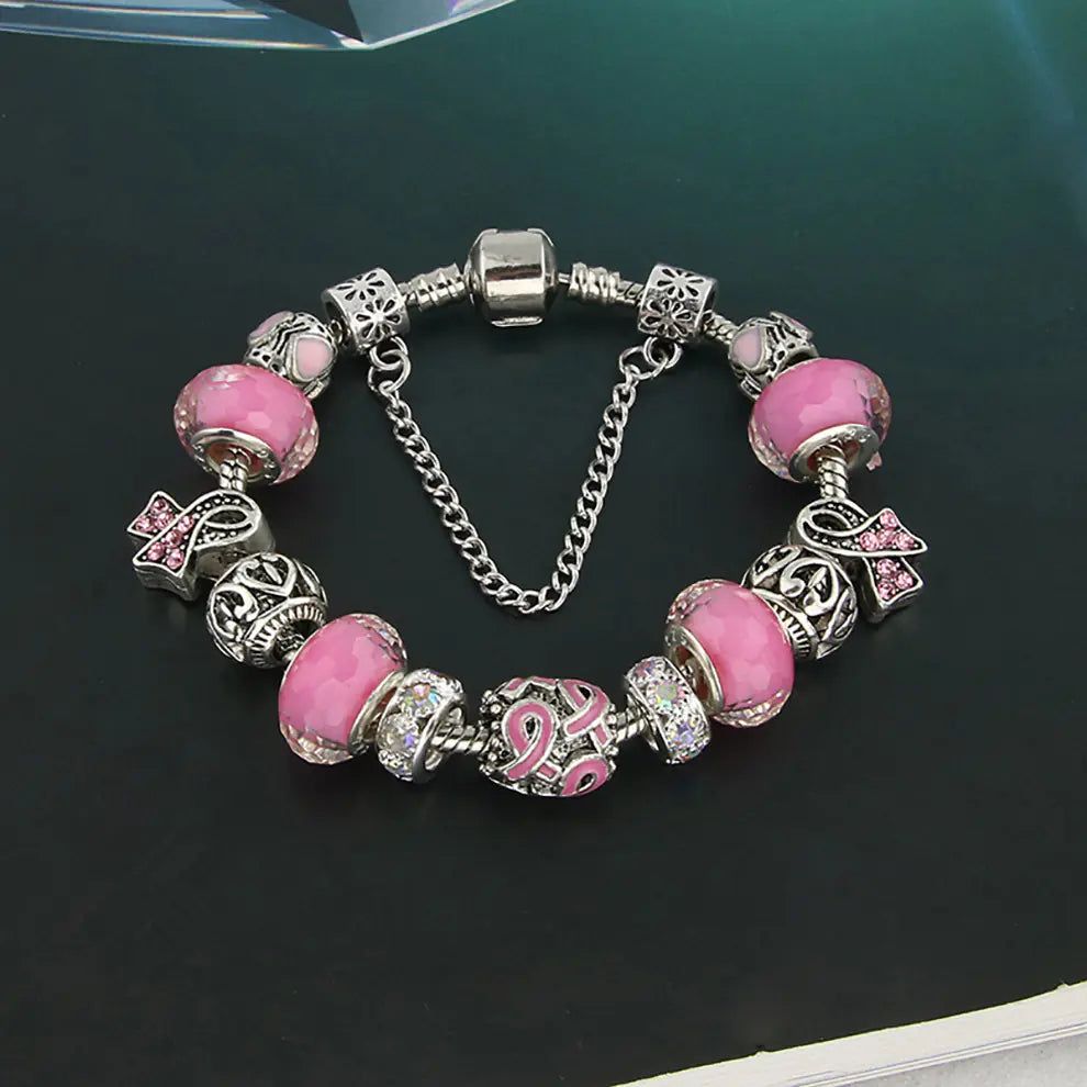 Hollow Bead String and Alloy Pink Bracelet